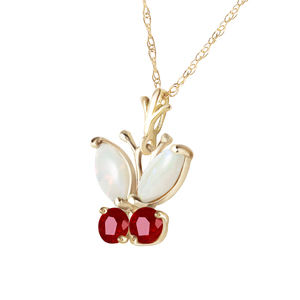 14K. SOLID GOLD BUTTERFLY NECKLACE WITH OPALS & RUBIES (Yellow Gold)